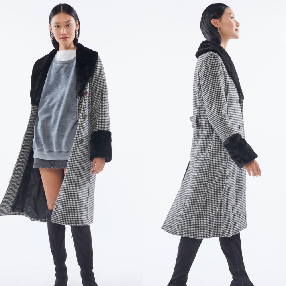 New Urban Outfitters Kaia Plaid Fur Pea Coat - Picture 2 of 8